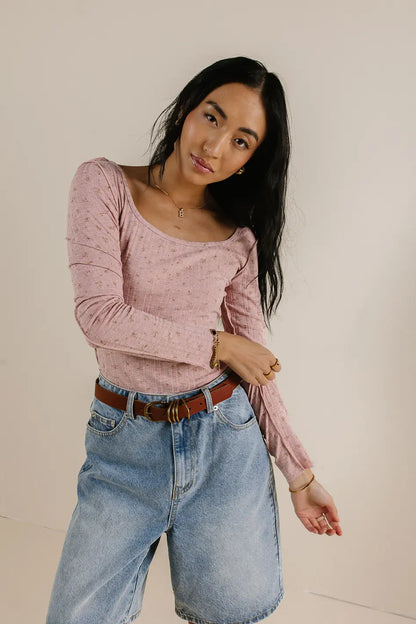 Chloe Floral Ribbed Top in Rose - FINAL SALE