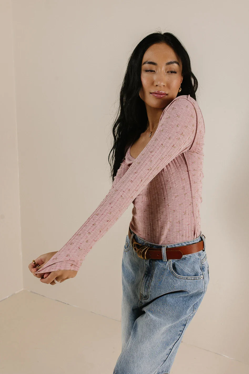 Chloe Floral Ribbed Top in Rose - FINAL SALE
