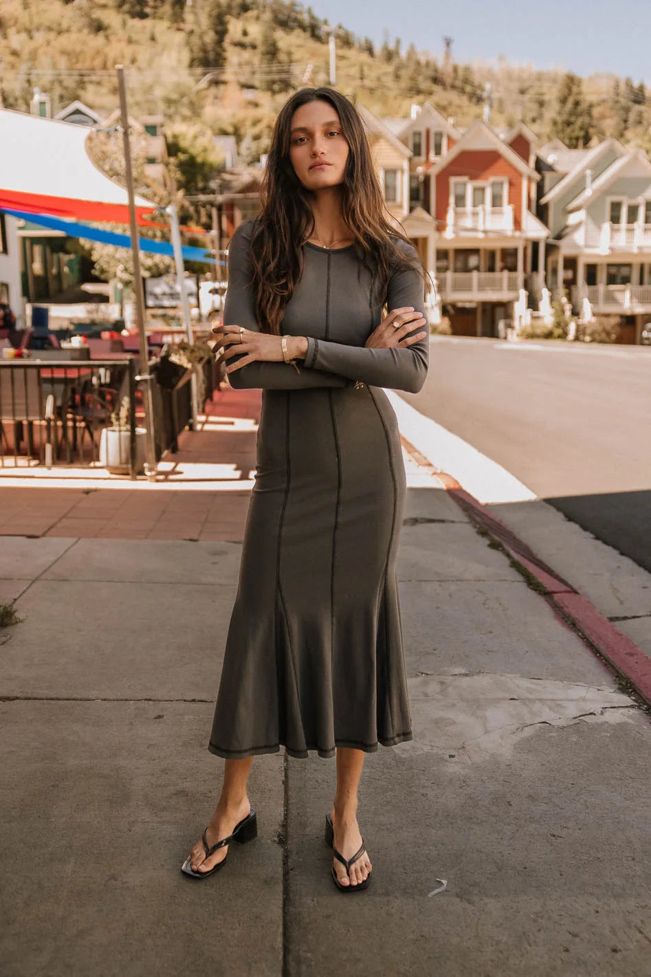 Fiona Ribbed Godet Dress in Charcoal - FINAL SALE