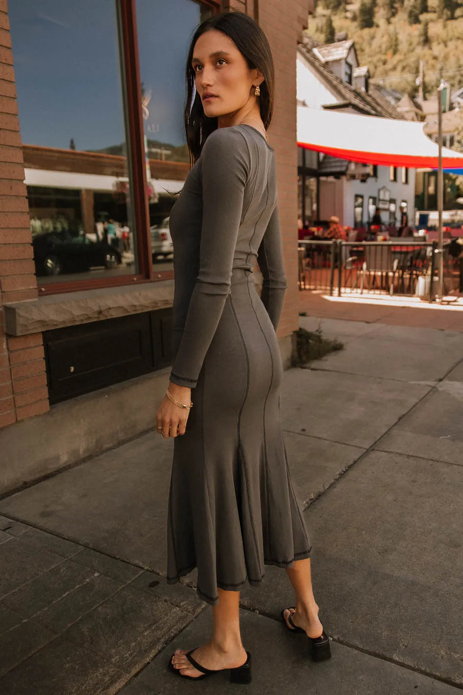 Fiona Ribbed Godet Dress in Charcoal - FINAL SALE