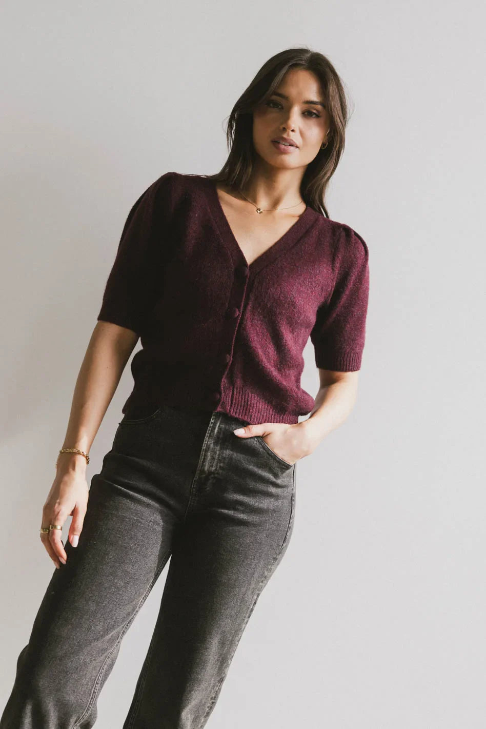 Colletta Short Sleeve Cardigan in Wine - FINAL SALE