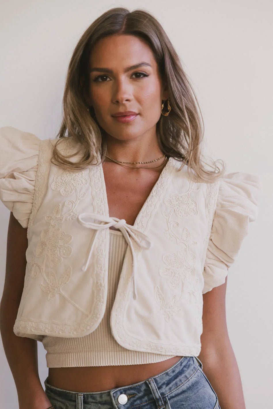 Damaris Embroidered Vest in Ecru - FINAL SALE