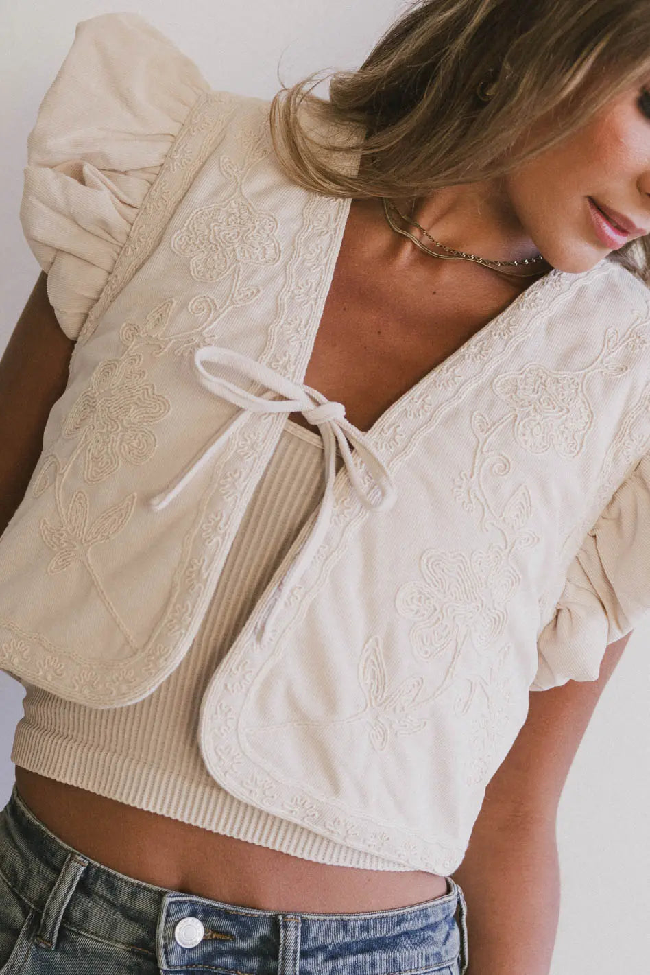 Damaris Embroidered Vest in Ecru - FINAL SALE