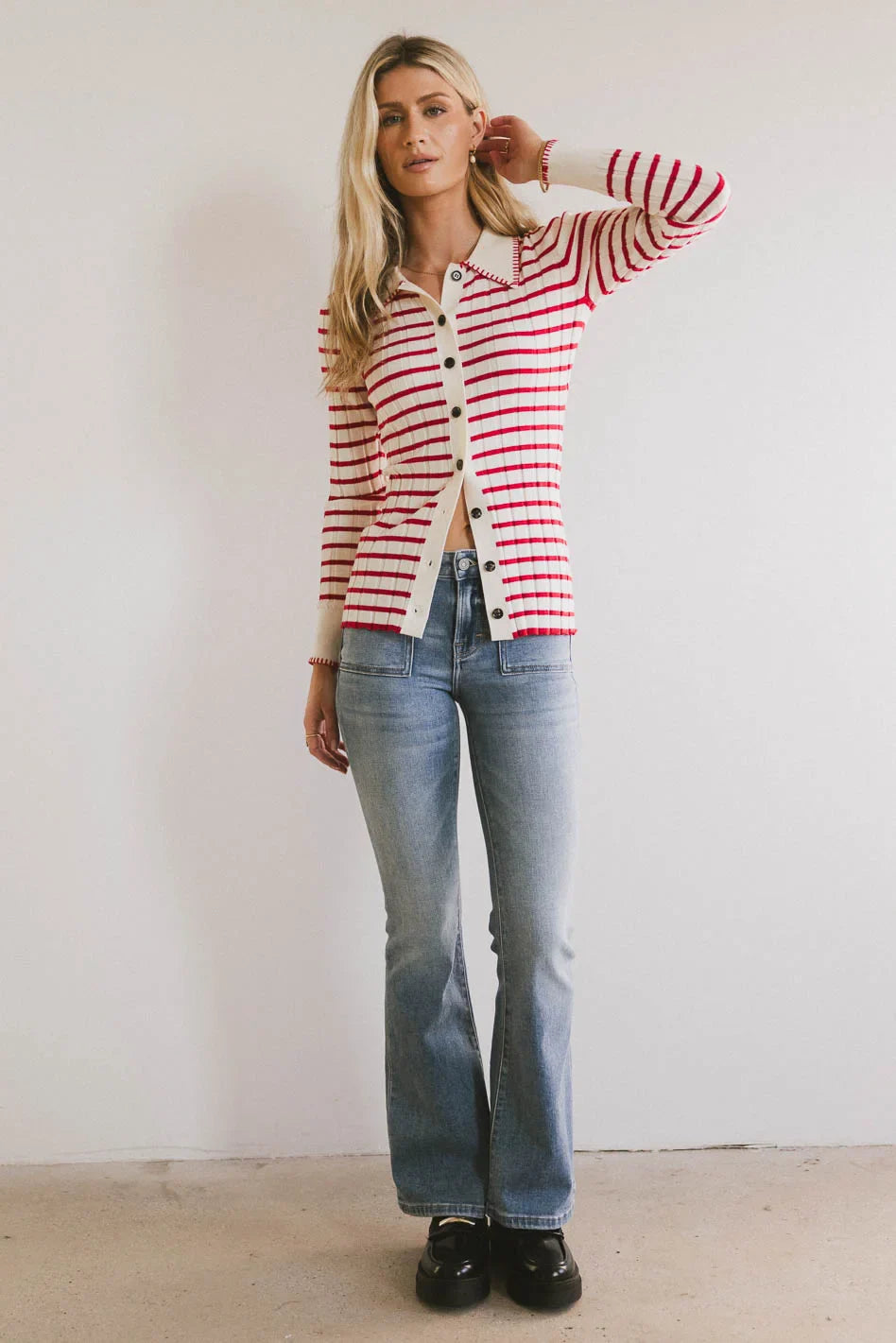 Harrison Striped Collared Top in Red - FINAL SALE