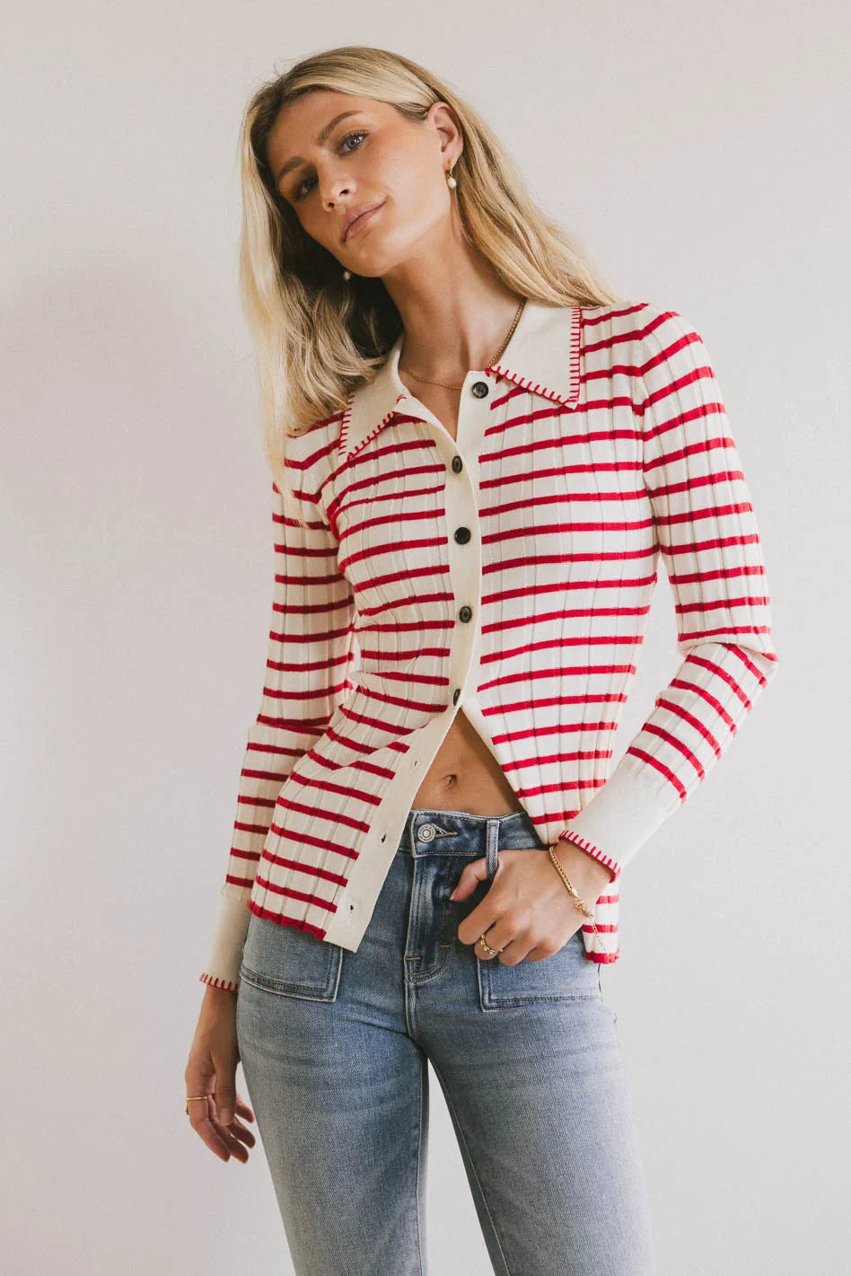 Harrison Striped Collared Top in Red - FINAL SALE