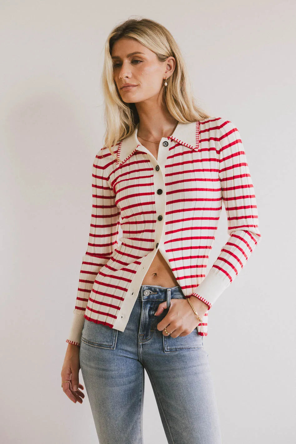 Harrison Striped Collared Top in Red - FINAL SALE