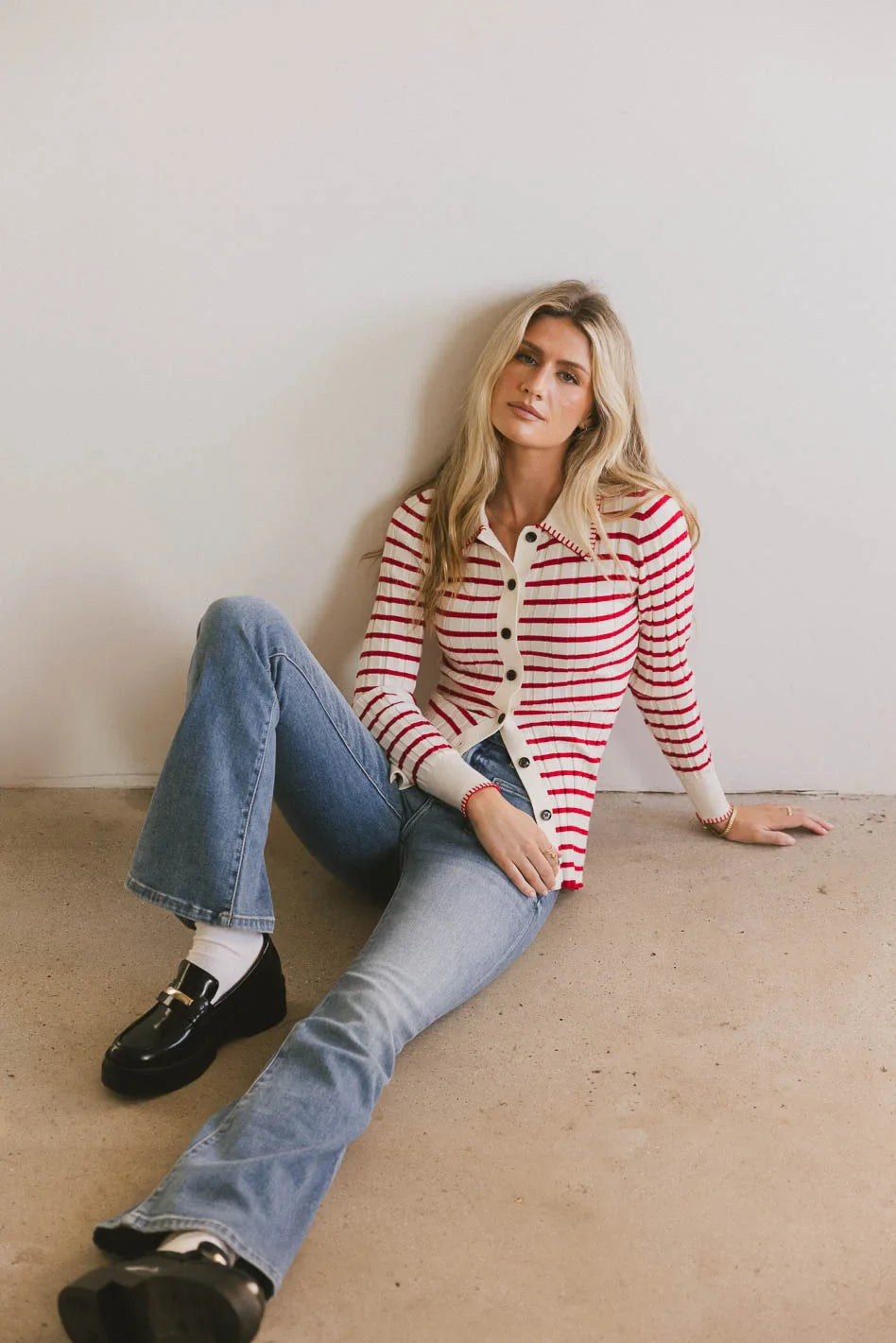 Harrison Striped Collared Top in Red - FINAL SALE
