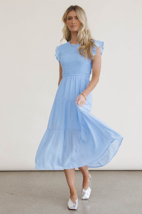 Cara Smocked Midi Dress in Blue - FINAL SALE
