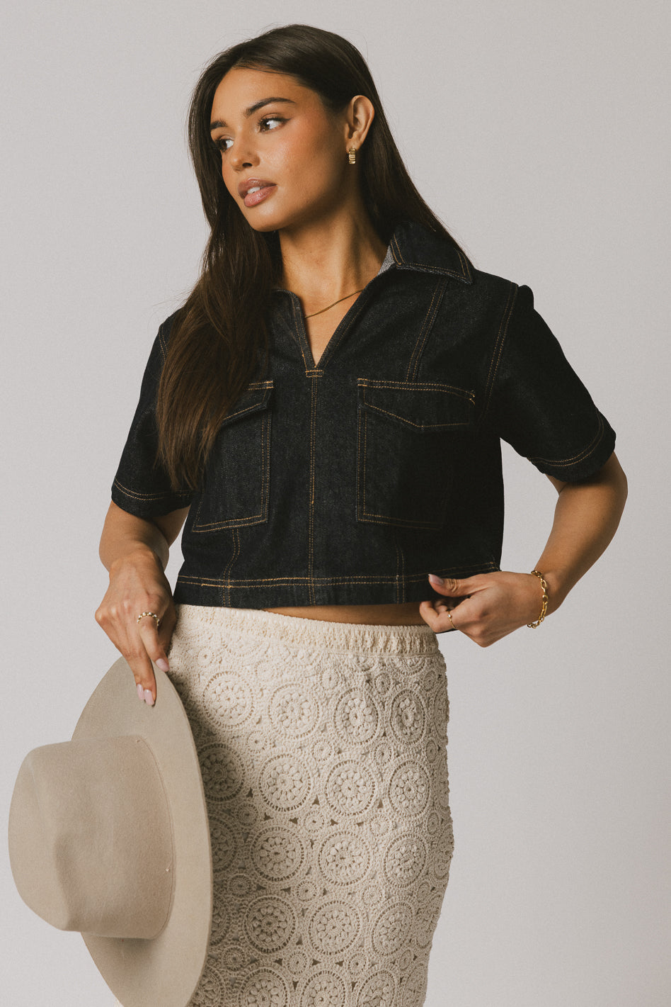 Farris Denim Collared Top in Dark Wash - FINAL SALE