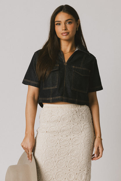 Farris Denim Collared Top in Dark Wash - FINAL SALE