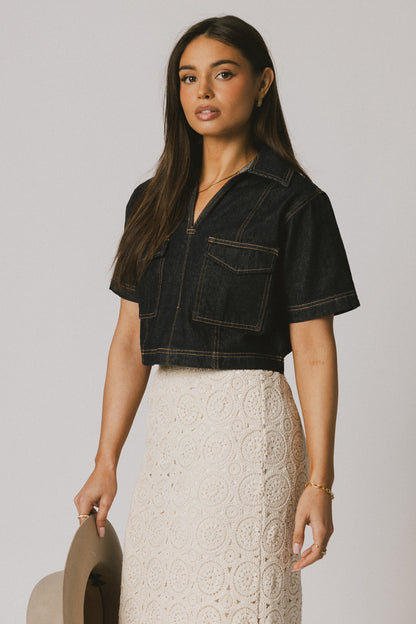Farris Denim Collared Top in Dark Wash - FINAL SALE