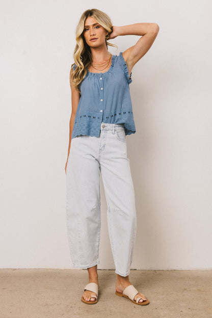 Dorian Embroidered Blouse in Denim - FINAL SALE