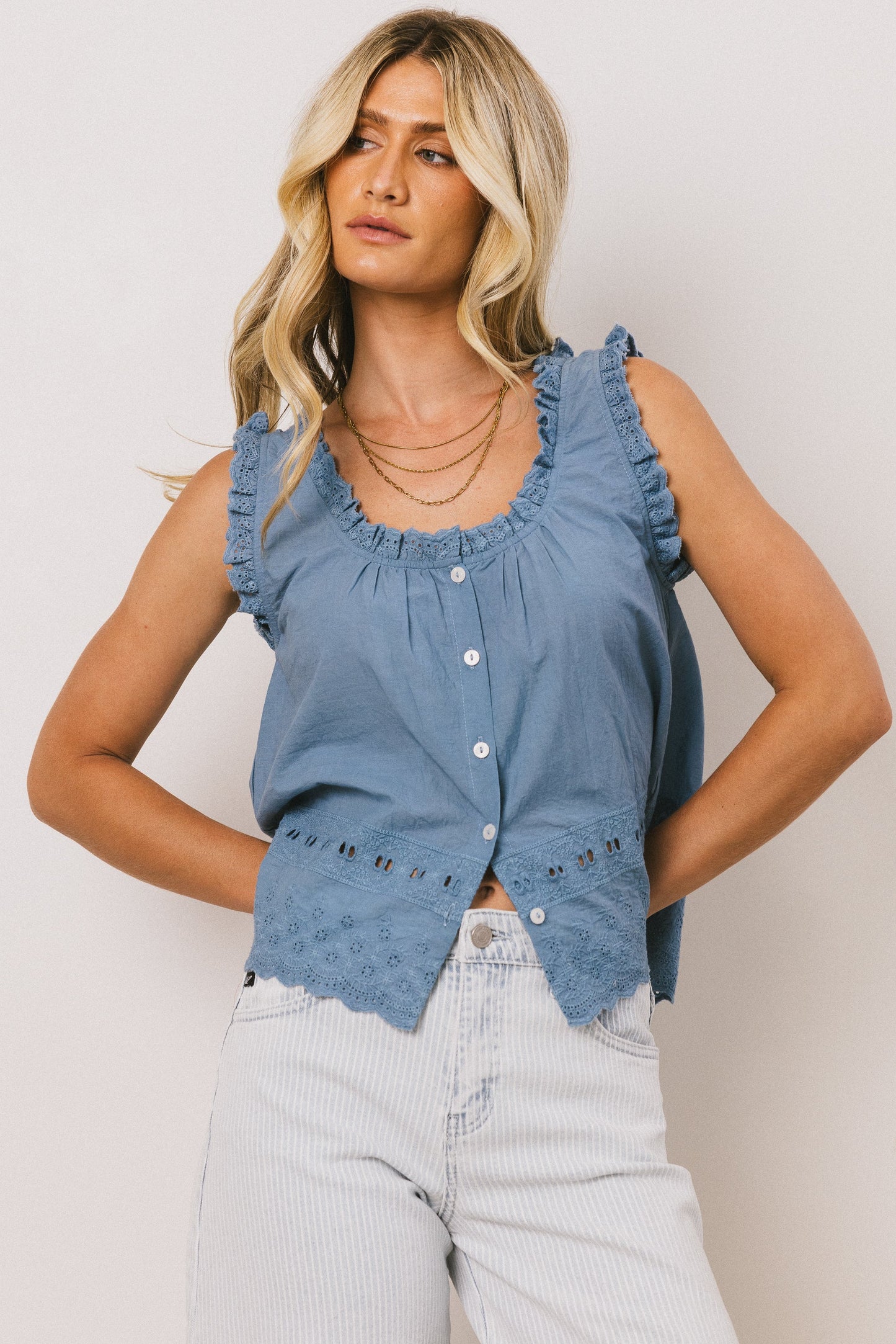 Dorian Embroidered Blouse in Denim - FINAL SALE