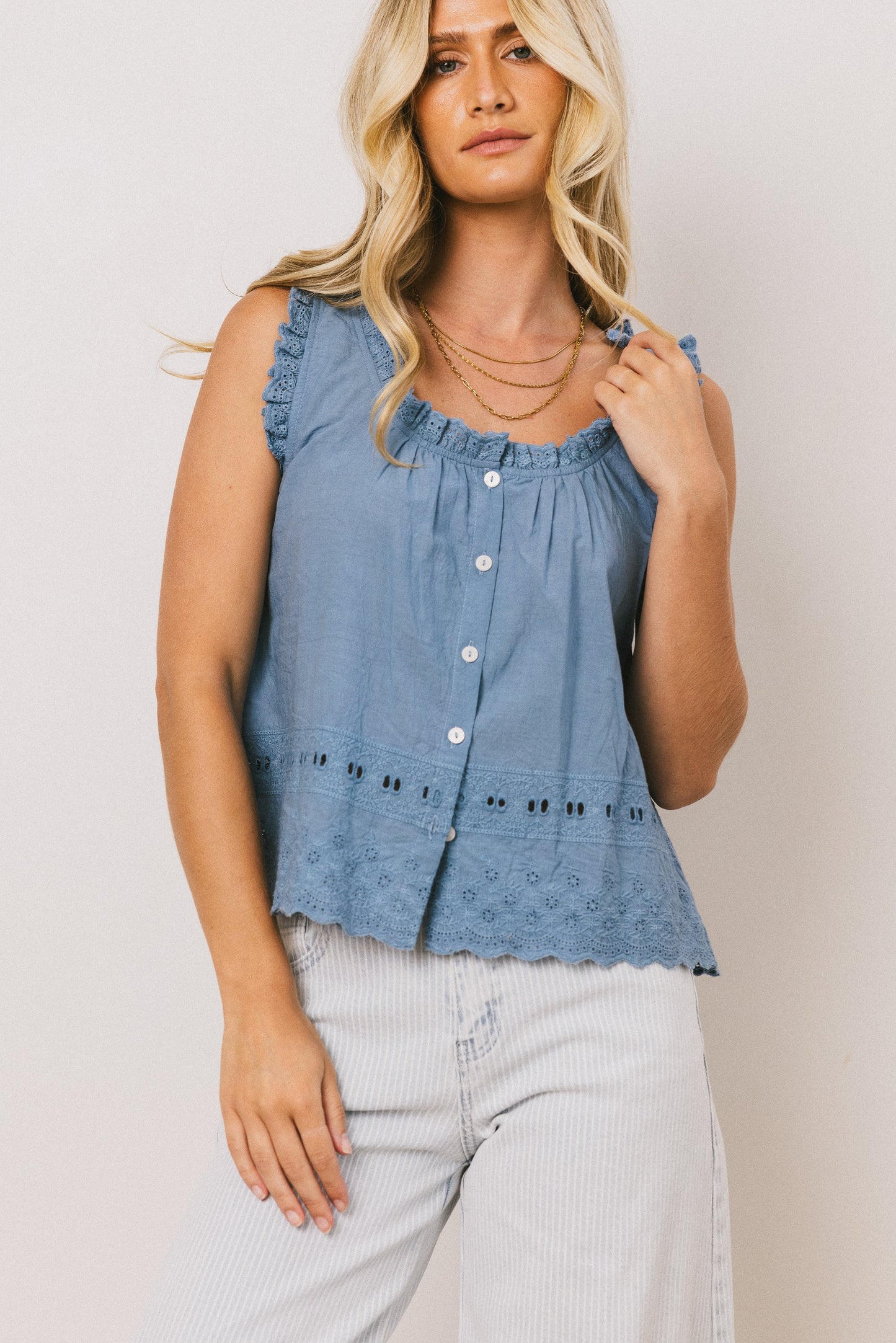 Dorian Embroidered Blouse in Denim - FINAL SALE