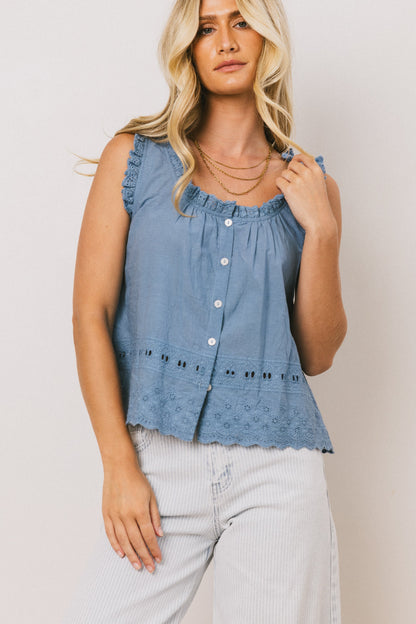 Dorian Embroidered Blouse in Denim - FINAL SALE