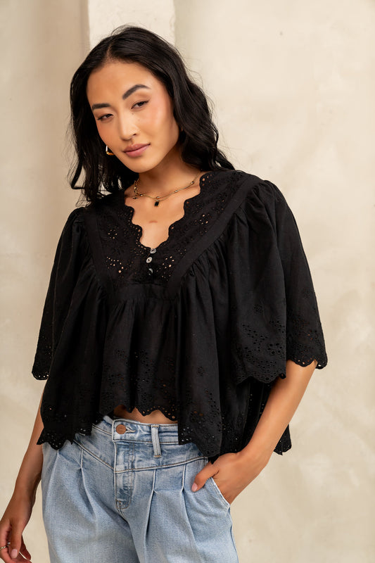 Faye Embroidered Blouse in Black - FINAL SALE