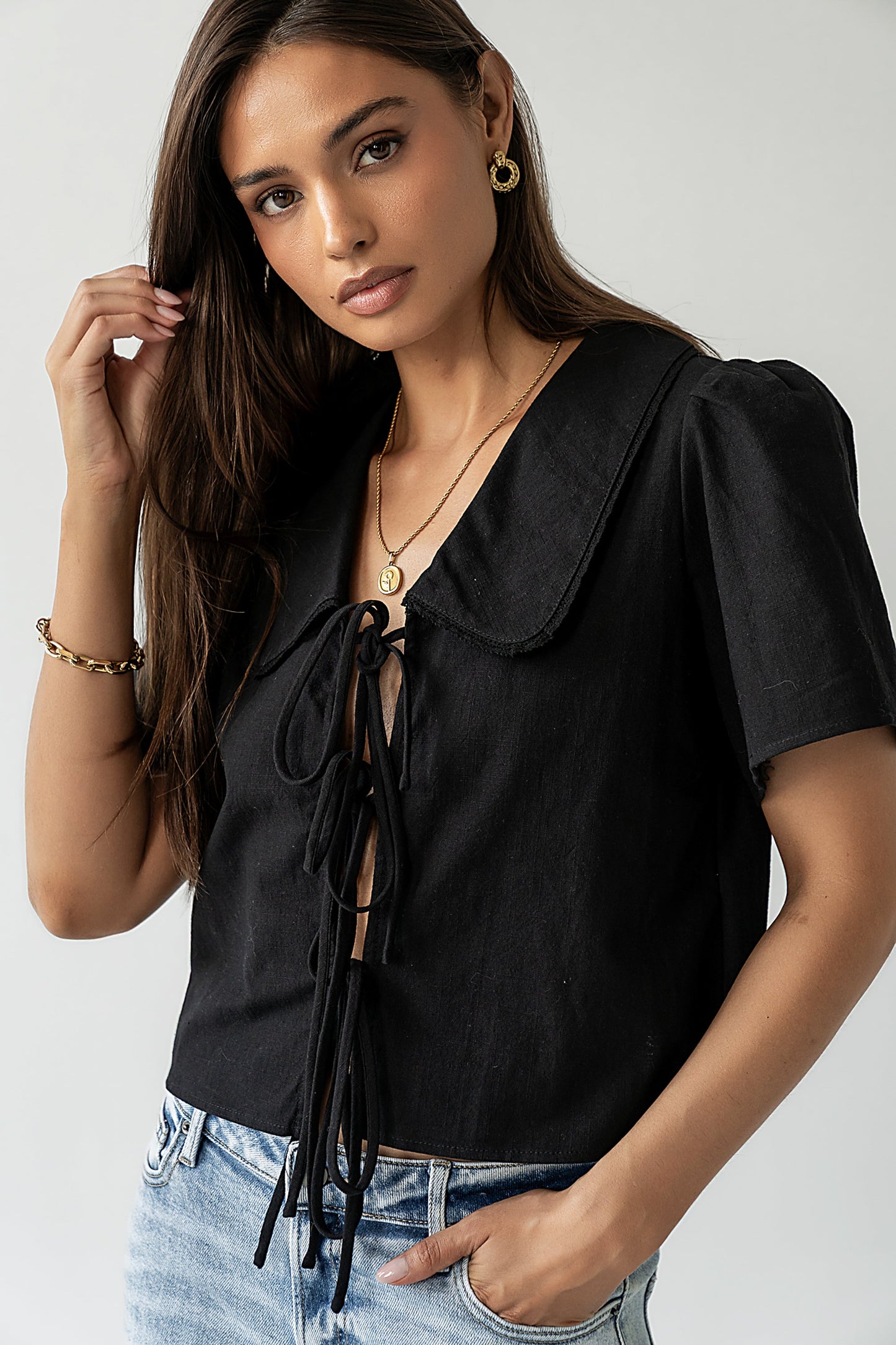 Ethan Tie Front Blouse in Black - FINAL SALE