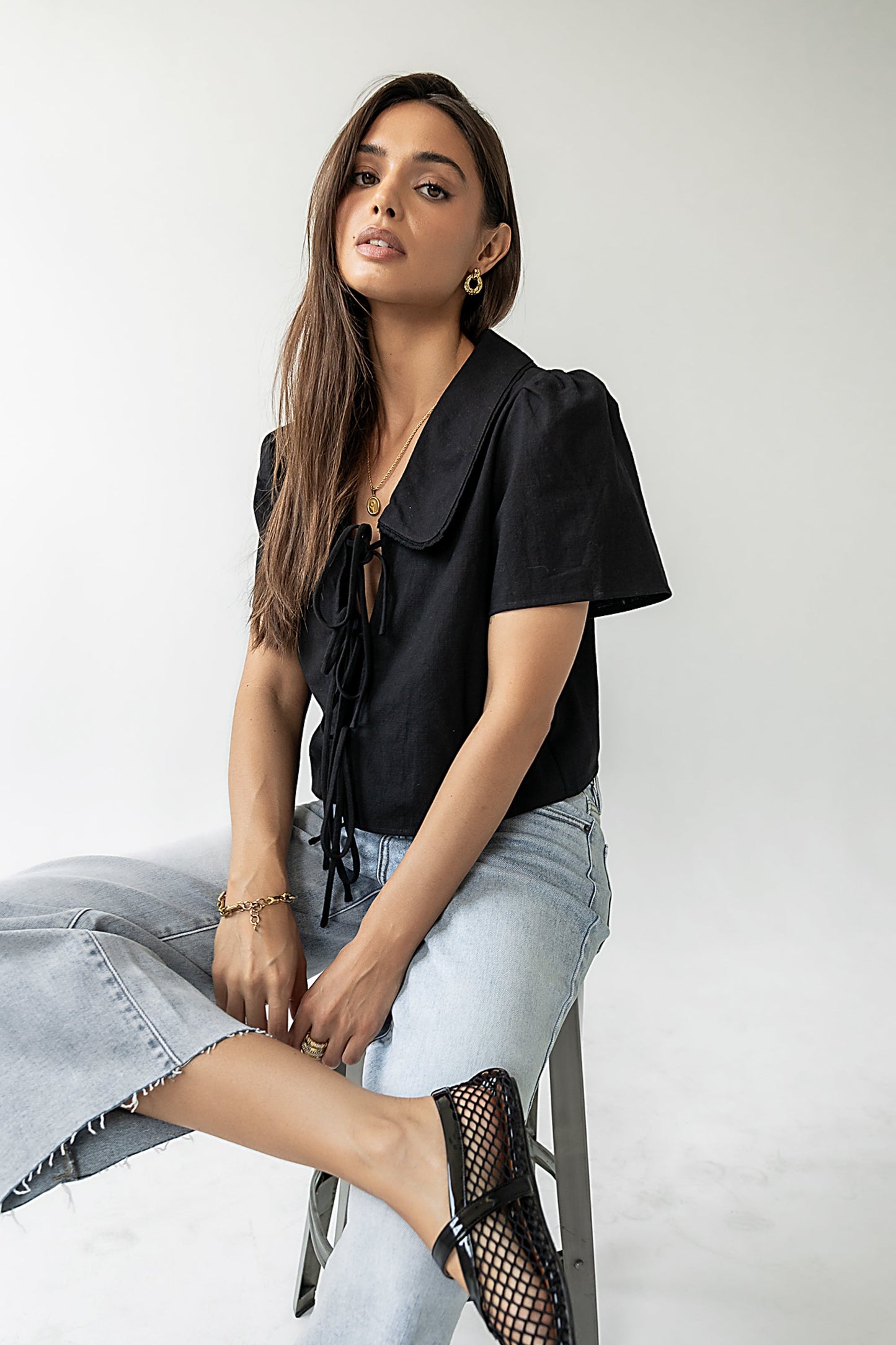 Ethan Tie Front Blouse in Black - FINAL SALE