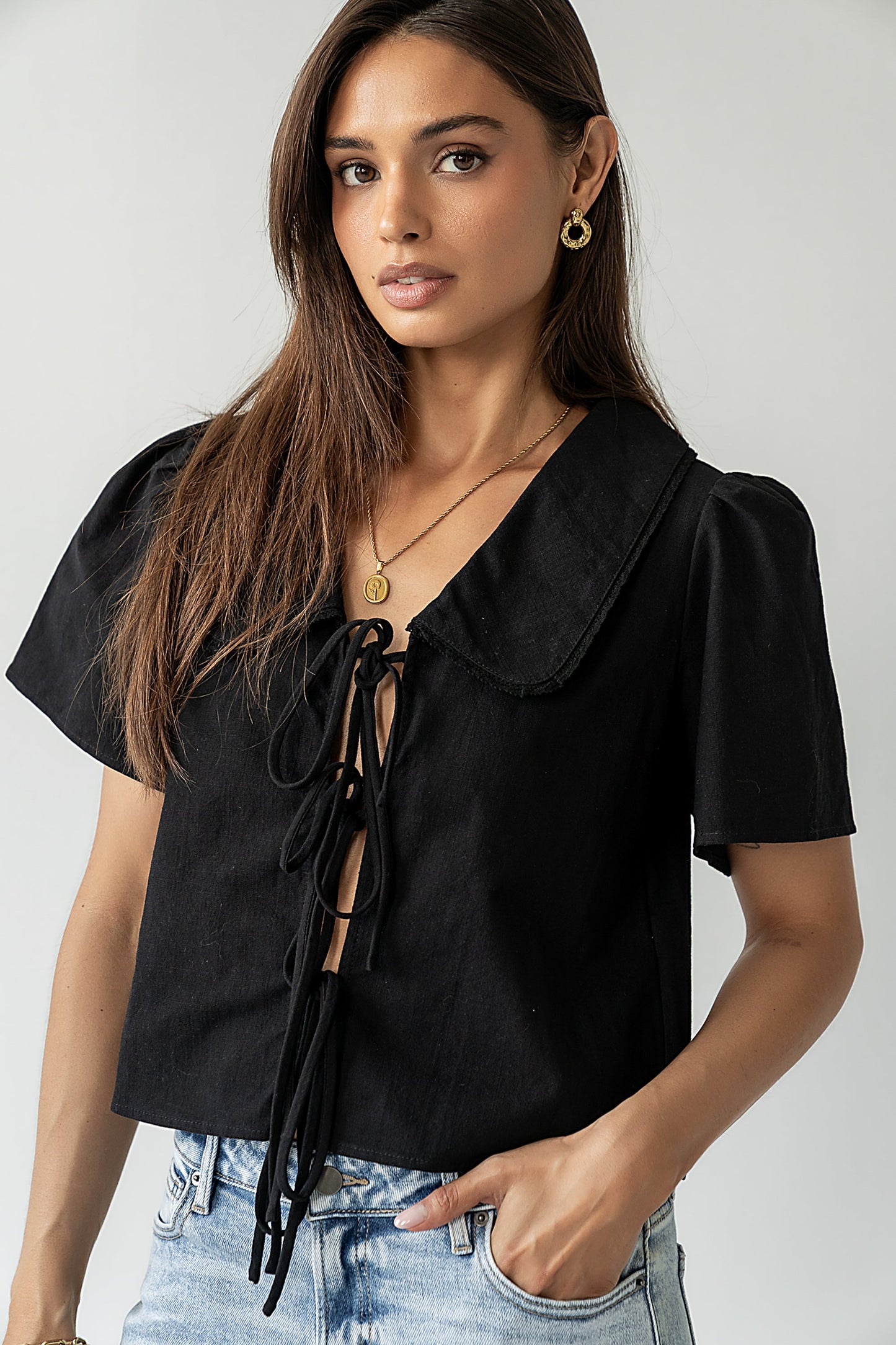 Ethan Tie Front Blouse in Black - FINAL SALE