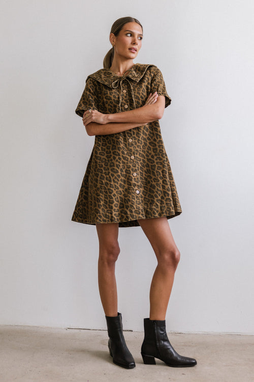 Camryn Collared Baby Doll Dress in Leopard - FINAL SALE