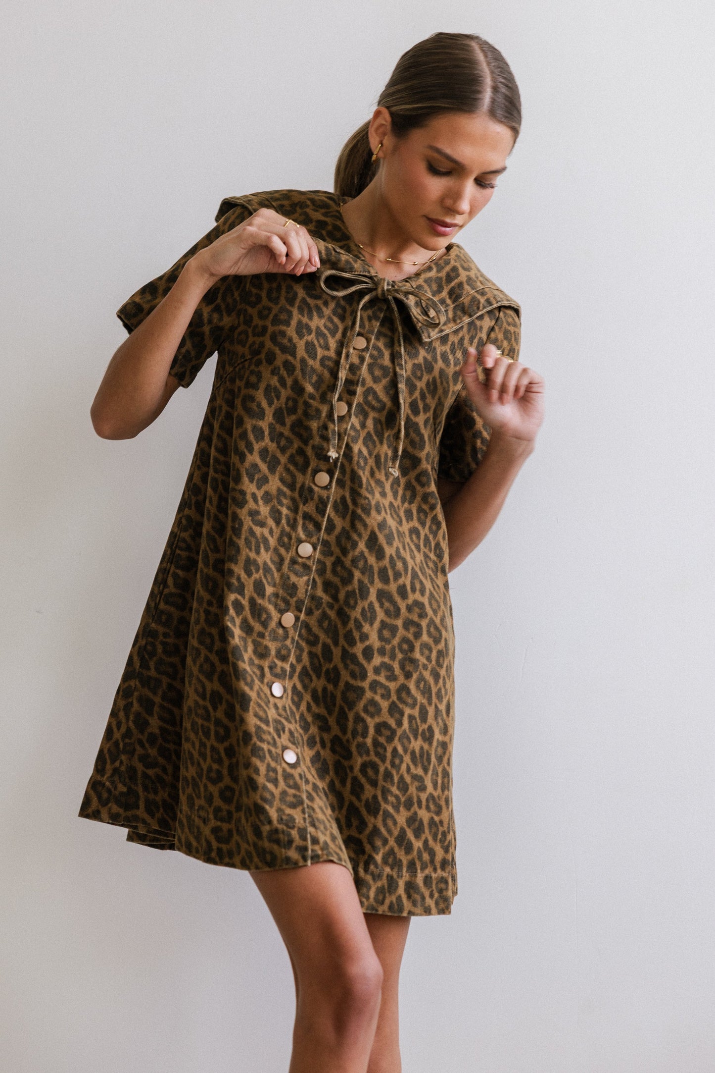 Camryn Collared Baby Doll Dress in Leopard - FINAL SALE