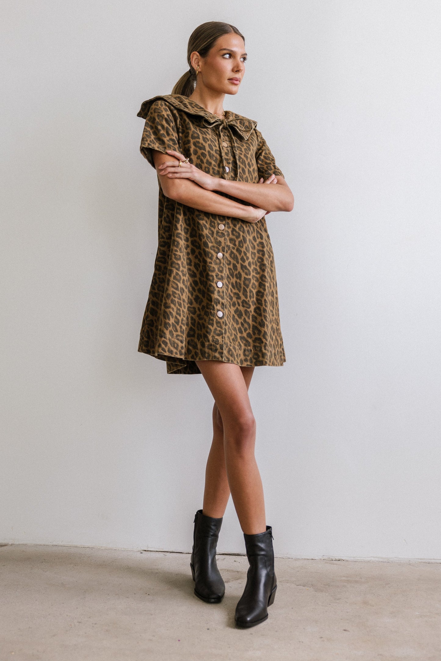 Camryn Collared Baby Doll Dress in Leopard - FINAL SALE