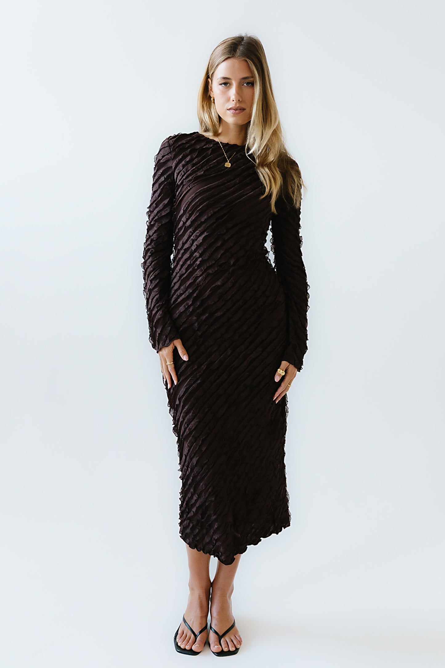 Bell Ruffle Maxi Dress in Brown - FINAL SALE