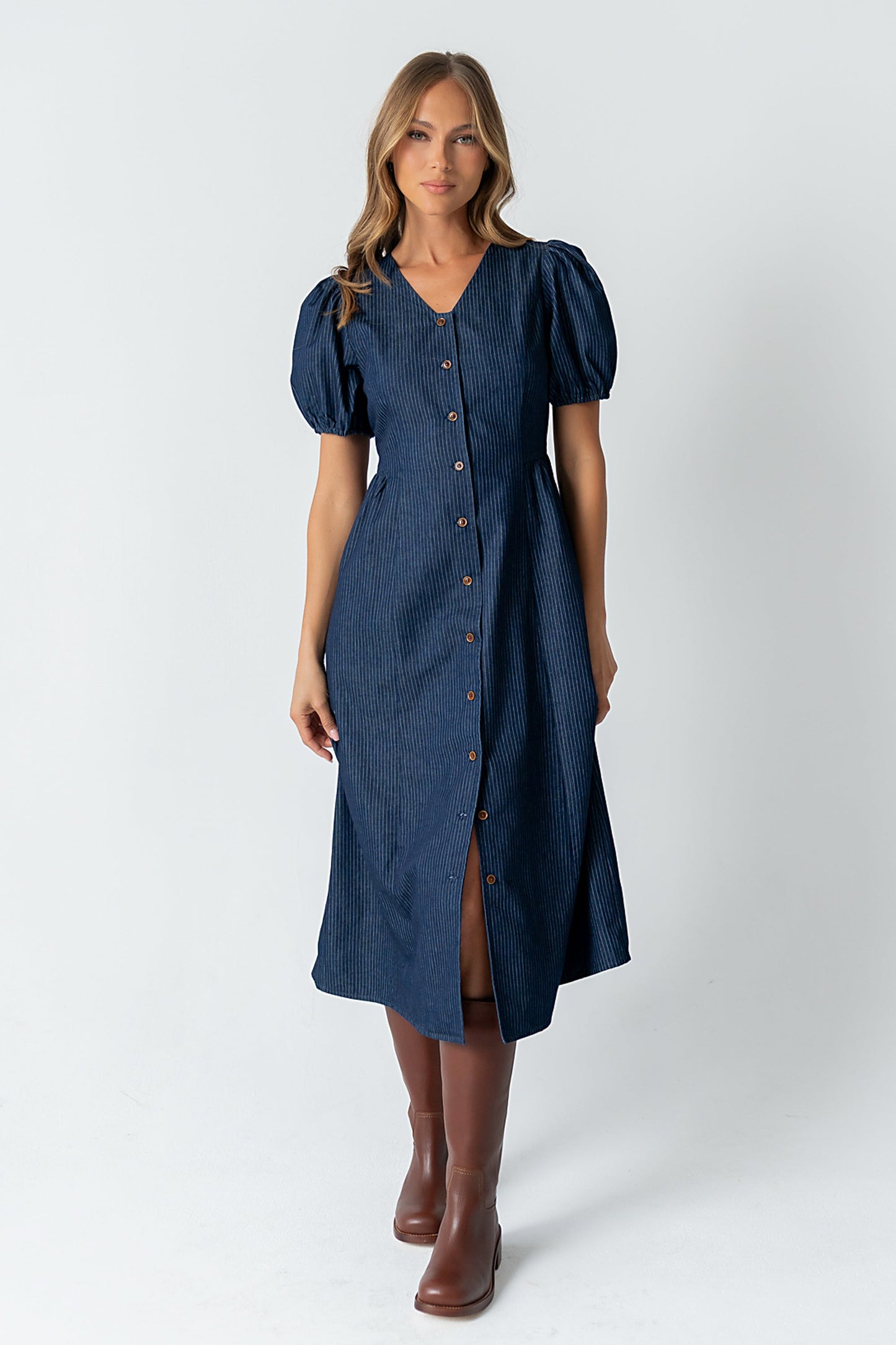 Conley Pinstripe Midi Dress in Medium Wash