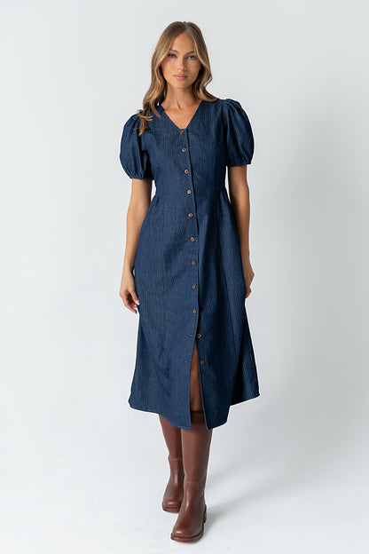 Conley Pinstripe Midi Dress in Medium Wash