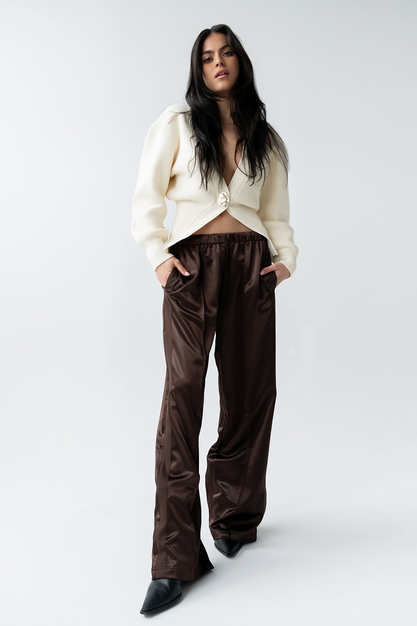 Gemma Satin Wide Leg Pants in Brown - FINAL SALE