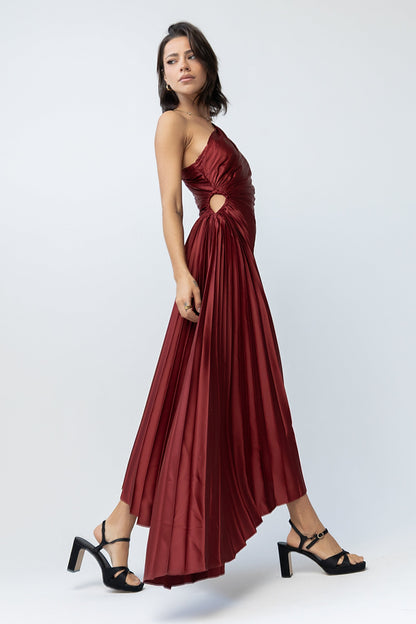Asymmetrical Pleated Maxi Dress in Wine