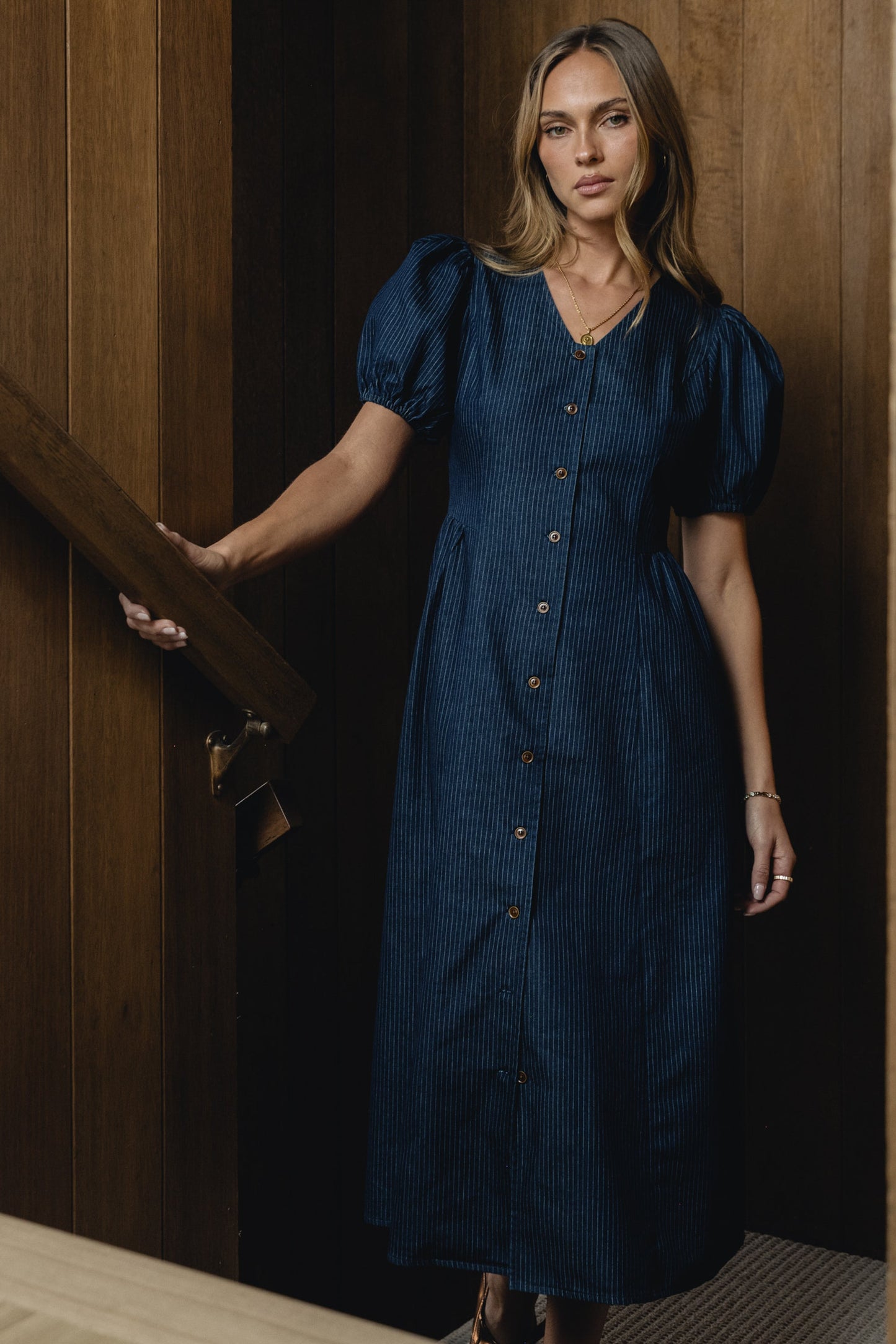 Conley Pinstripe Midi Dress in Medium Wash