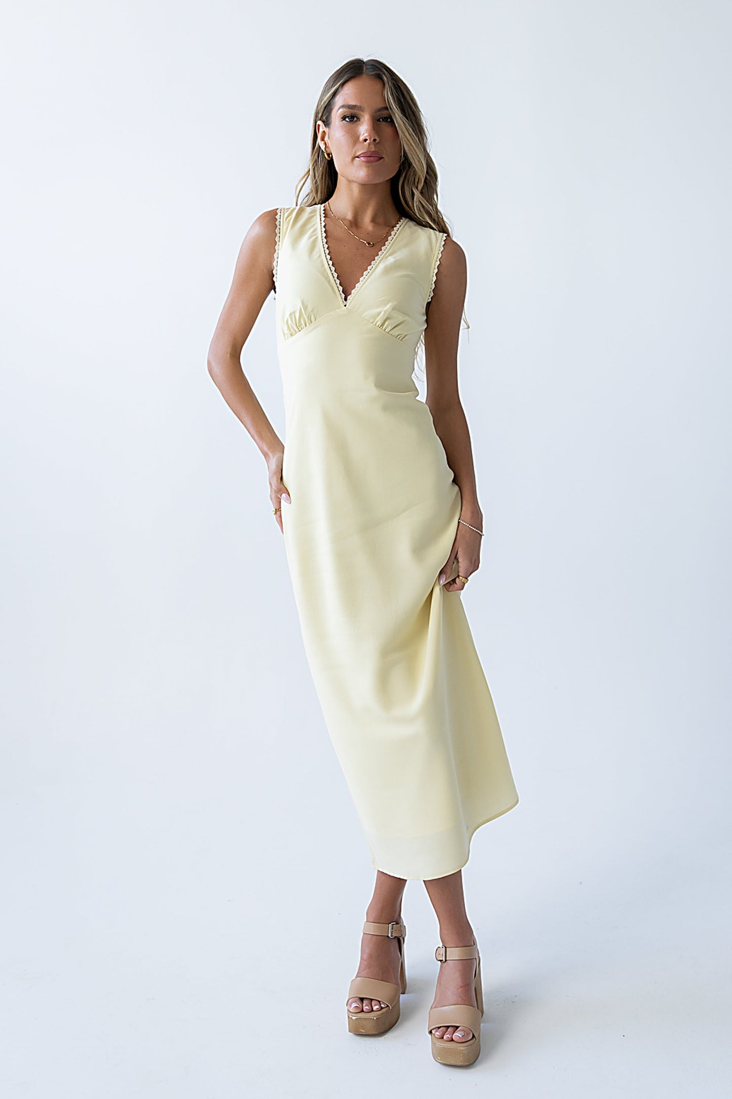 Hailey Lace Trim Maxi Dress in Yellow