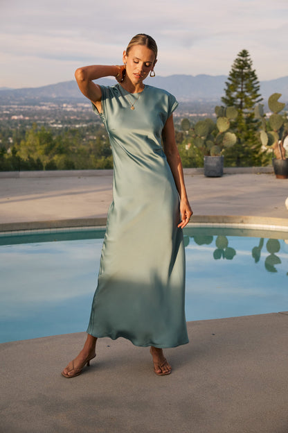 Hannah Satin Maxi Dress in Teal