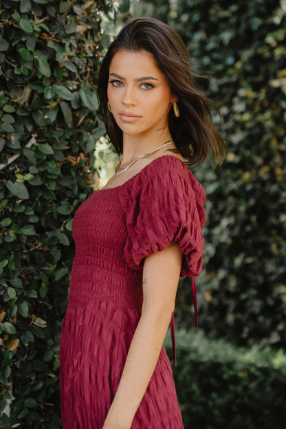 Beckie Smocked Maxi Dress in Burgundy
