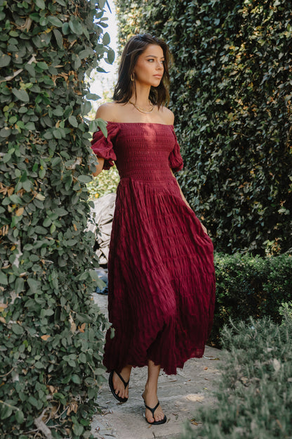 Beckie Smocked Maxi Dress in Burgundy