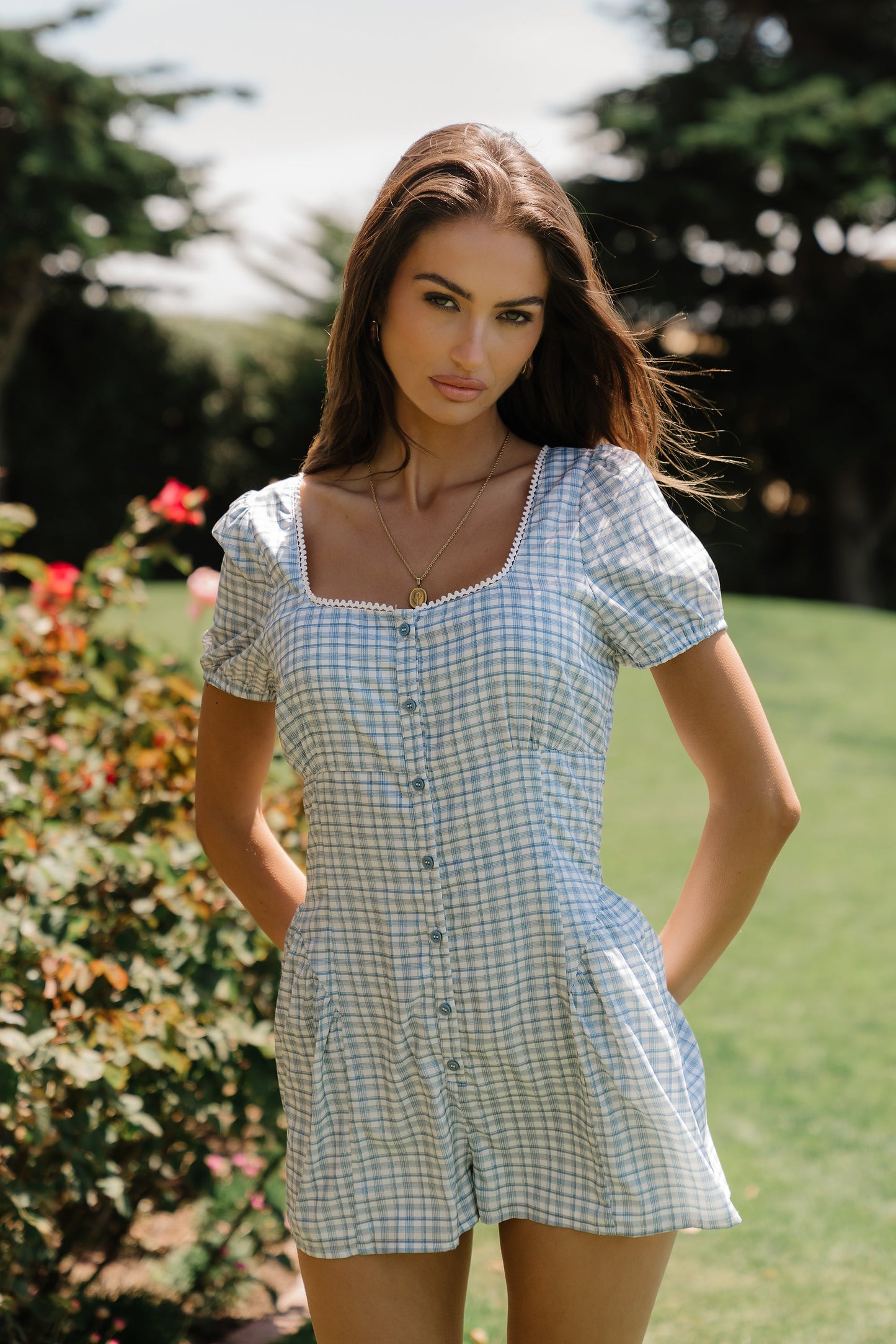 Aislynn Gingham Romper in Blue
