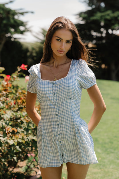Aislynn Gingham Romper in Blue