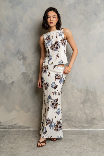 Eden Floral Midi Skirt in Cream