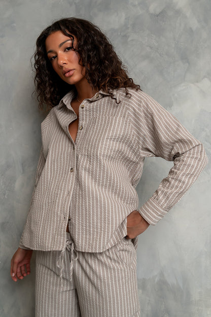 Conner Striped Button Down Top in Taupe