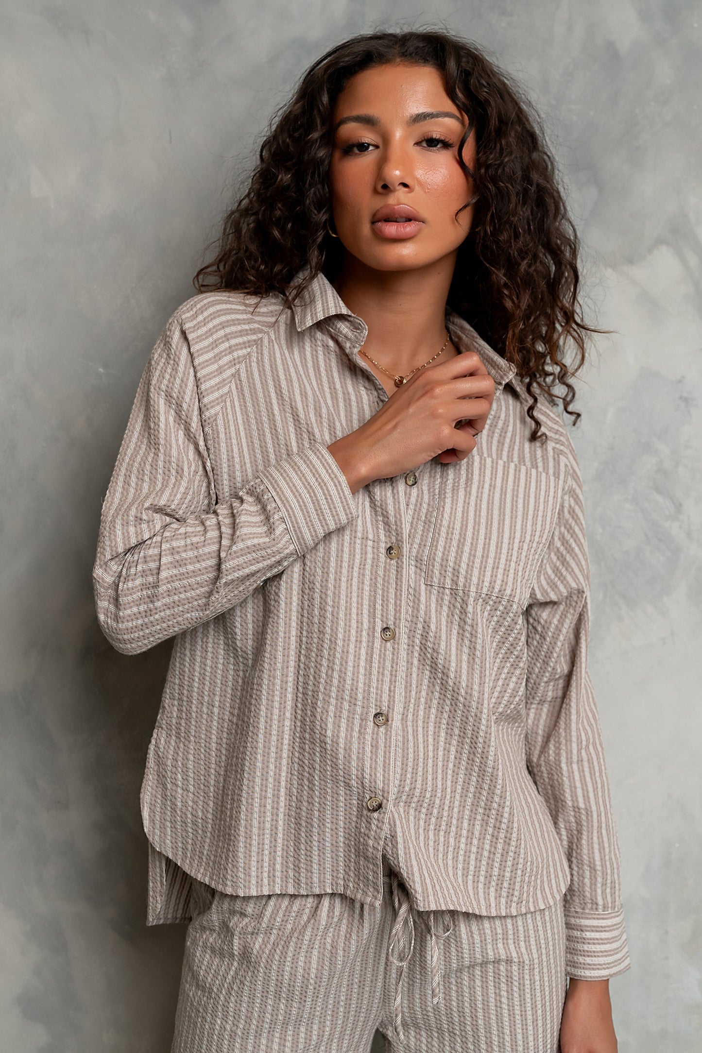 Conner Striped Button Down Top in Taupe