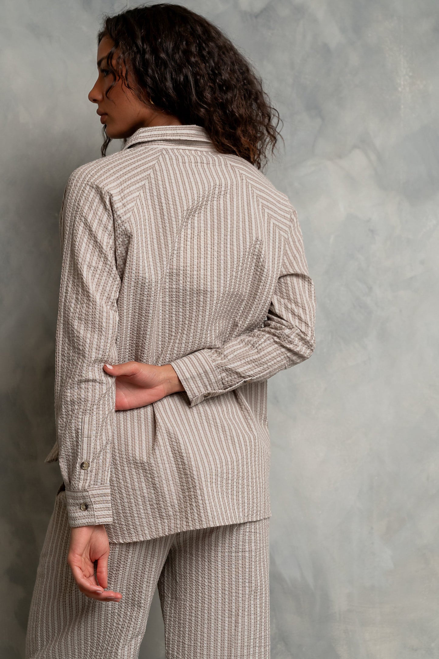 Conner Striped Button Down Top in Taupe