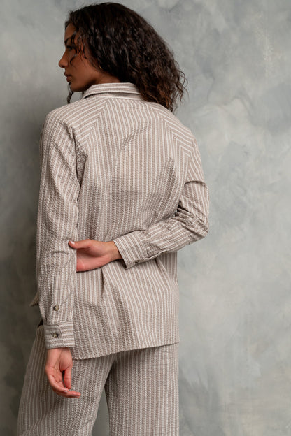 Conner Striped Button Down Top in Taupe