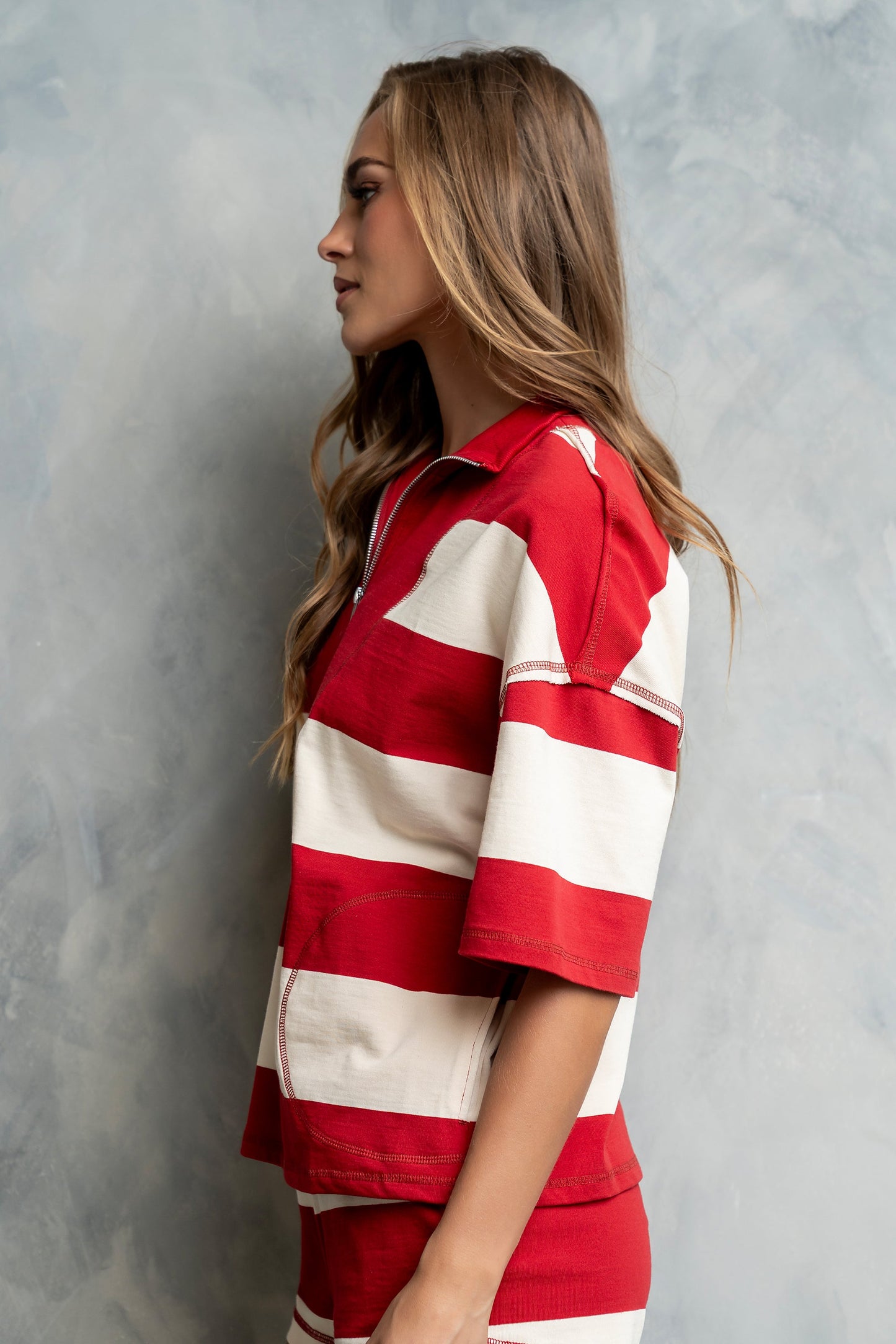 Farah Striped Quarter Zip Top in Red
