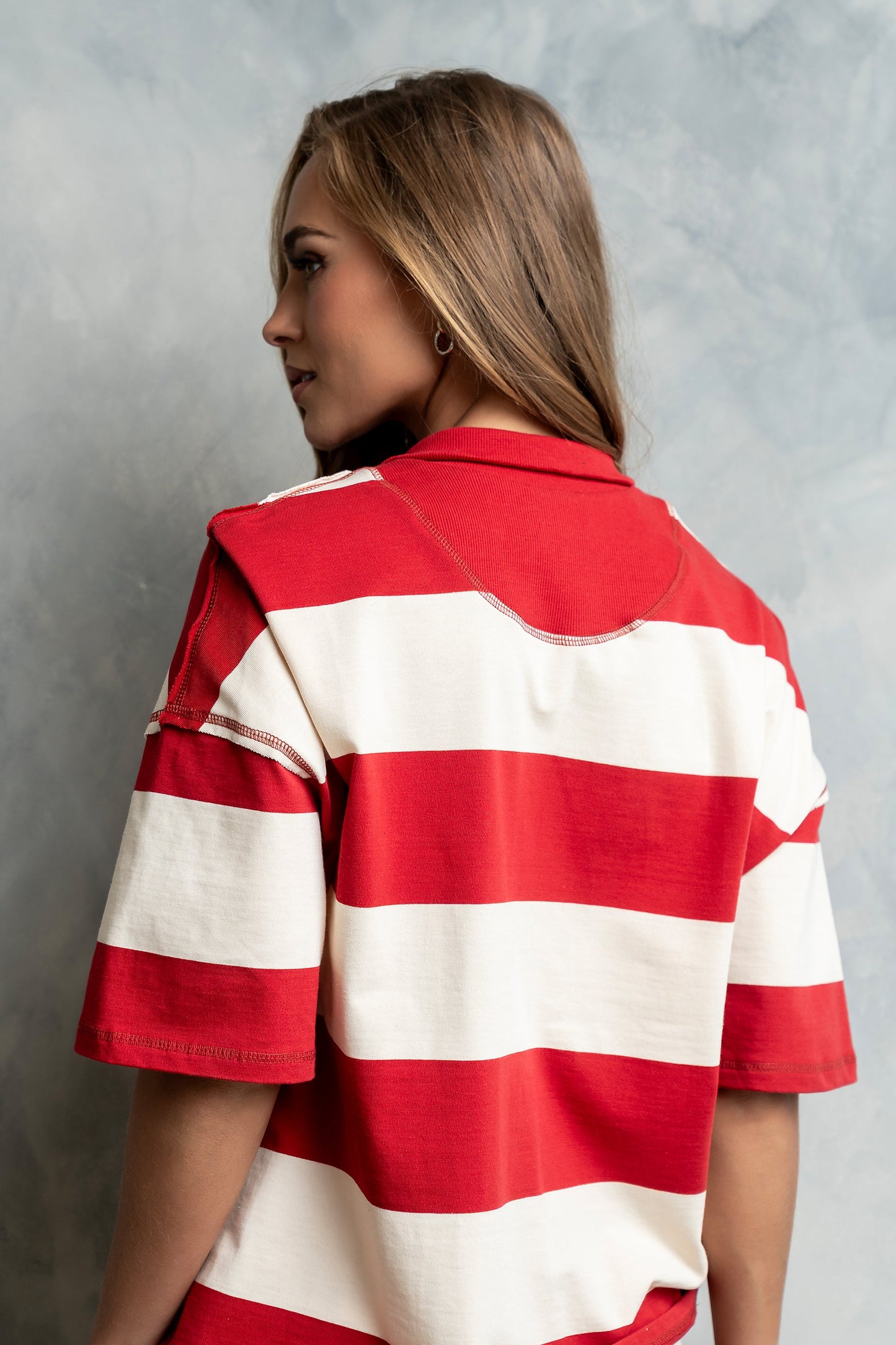 Farah Striped Quarter Zip Top in Red