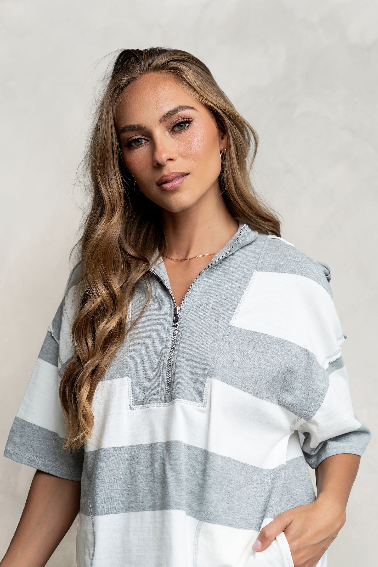 Farah Striped Quarter Zip Top in Grey