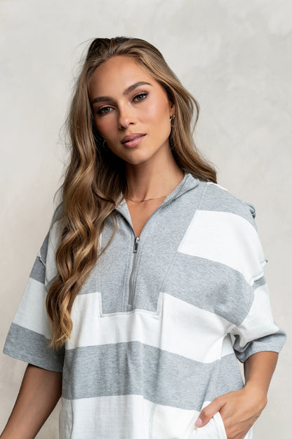 Farah Striped Quarter Zip Top in Grey