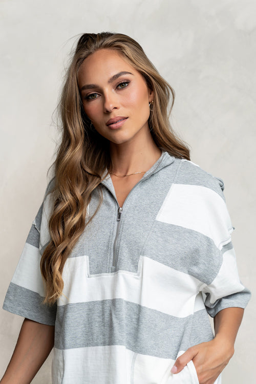 Farah Striped Quarter Zip Top in Grey