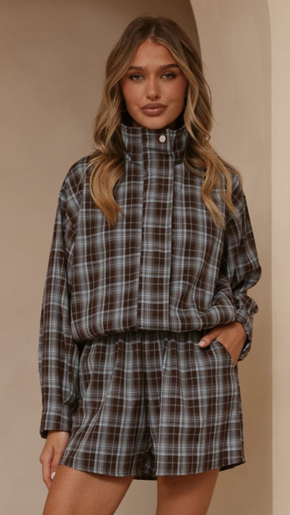 Ivana Funnel Neck Jacket & Shorts Set - Brown/Blue Plaid