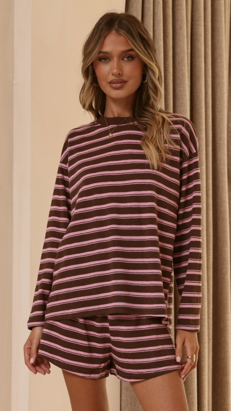 Harla Long Sleeve Top & Shorts Set - Pink/Brown Stripe